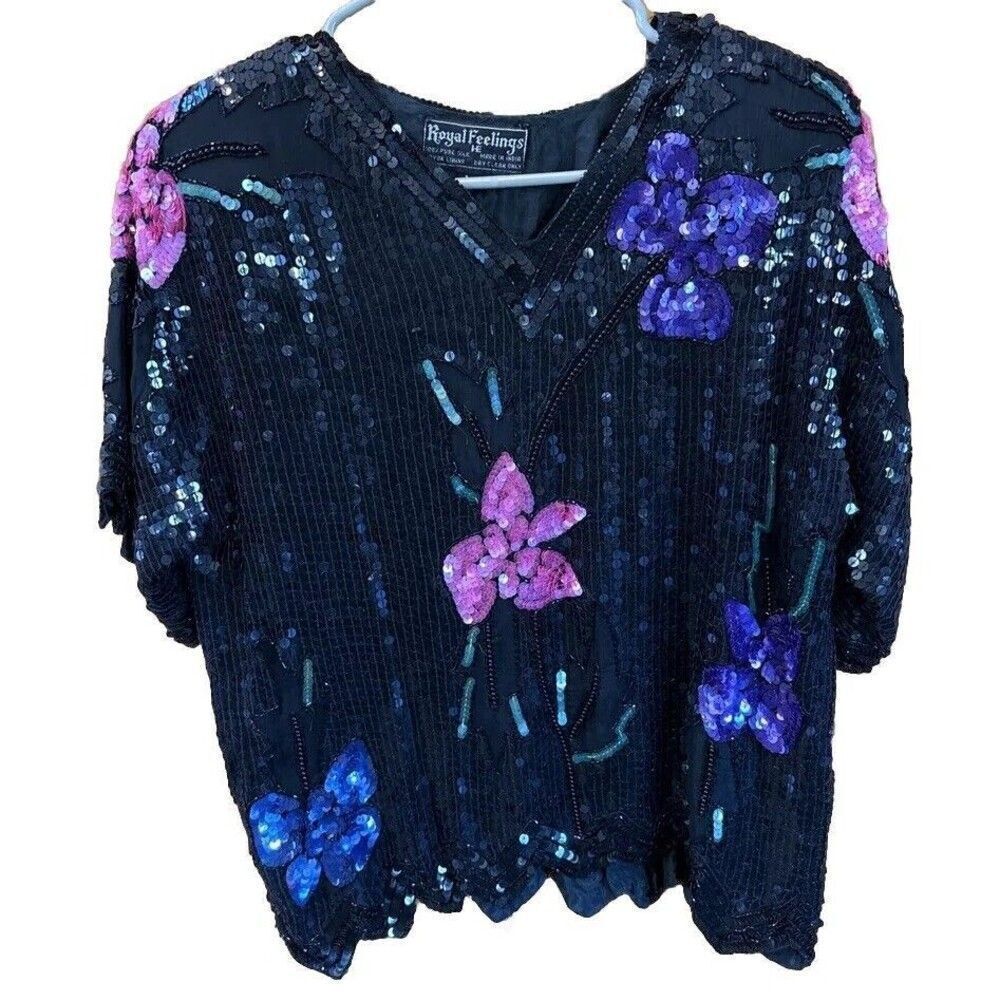 Royal Feelings Black Pure Silk Top Floral Beaded Sequin Short Sleeve Scalloped L
